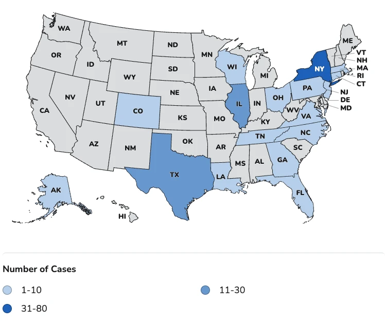 CDC map of 2026 cyclosporiasis cases by U.S. state, with New York reporting the most