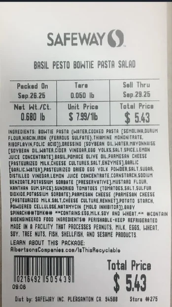 Safeway Basil Pesto Bowtie Pasta Salad
