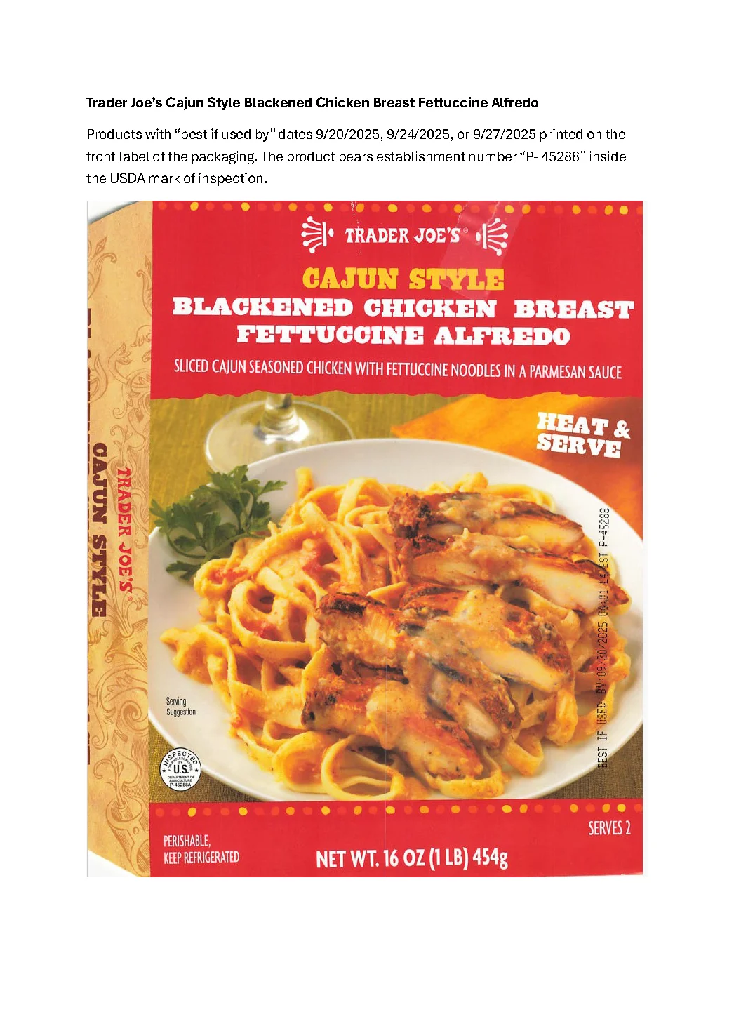 Trader Joe's Cajun Style Blackened Chicken Breast Fettuccine Alfredo